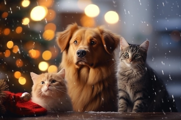 Gatos y perros navideños con suéteres y sombreros bajo la nieve Luces y atmósfera navideña IA generativa