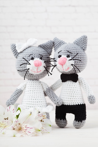 Gatos de punto, pareja, juguetes. Hecho a mano, amigurumi. Fondo blanco, tarjeta postal Bricolaje