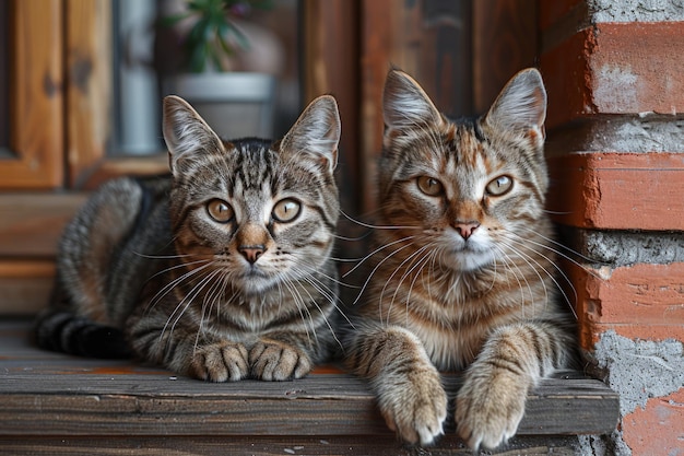 Los gatos sentados en el alféizar de la ventana