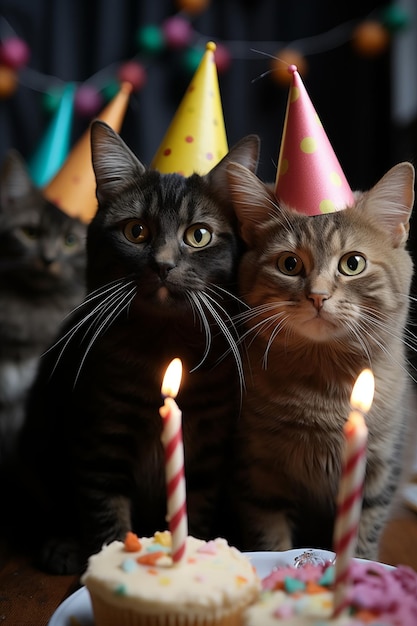 Gatos sentados em frente a um bolo Eles estão celebrando um aniversário