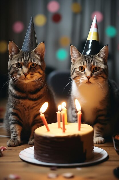 Gatos sentados em frente a um bolo Eles estão celebrando um aniversário