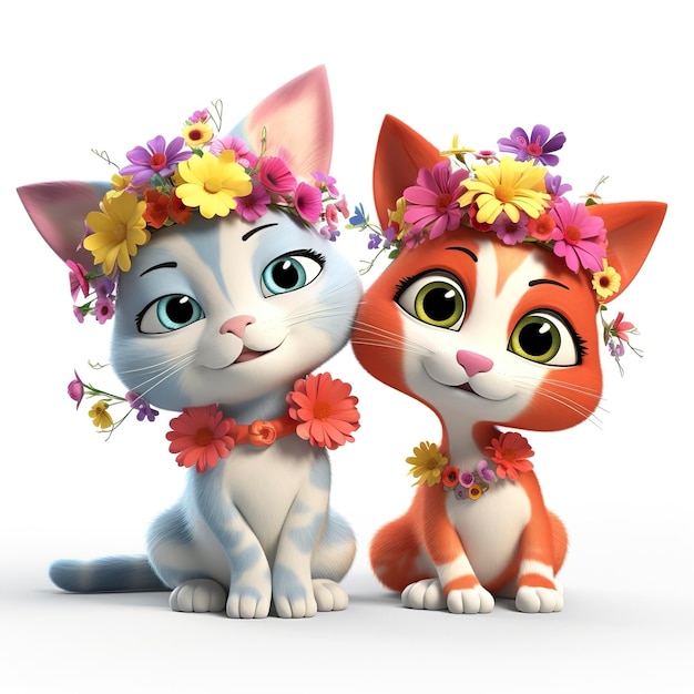 Gatos tão fofos usando flores na cabeça clipart pixar cartoon engraçado fundo branco 8k generat ai