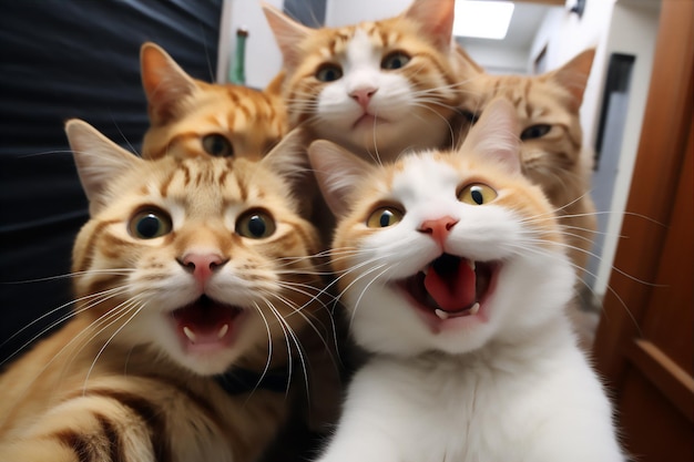 gatos wefie con sonrisa y cara feliz lindo esponjoso hiper realista hermosa luz de ensueño