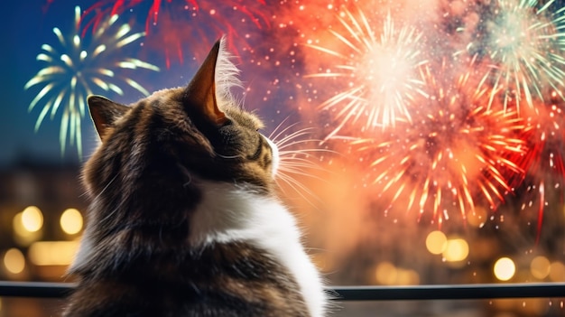 Los gatos en Yukata disfrutan de los fuegos artificiales de verano generados por la IA