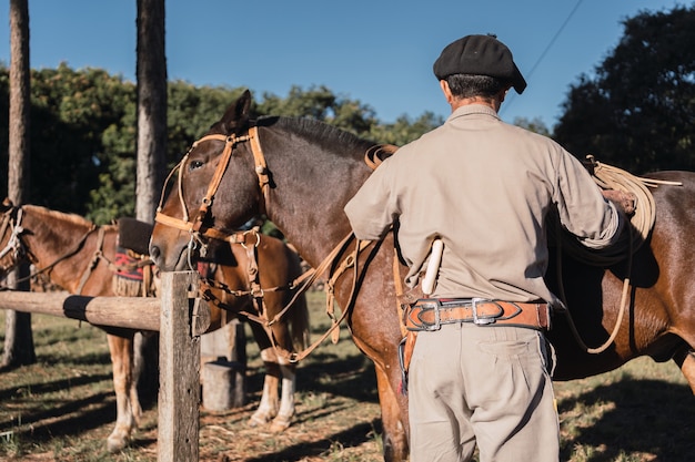 Gaúcho argentino com cavalos em traje de trabalho, com calcinha e boina gaúcha, tradicional cena argentina.