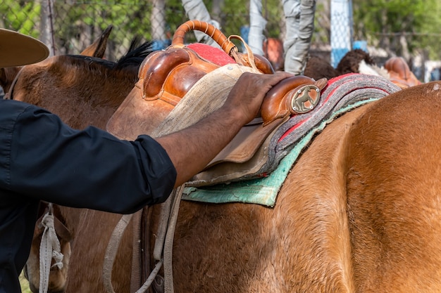 Gaúcho argentino consertando sela de cavalo