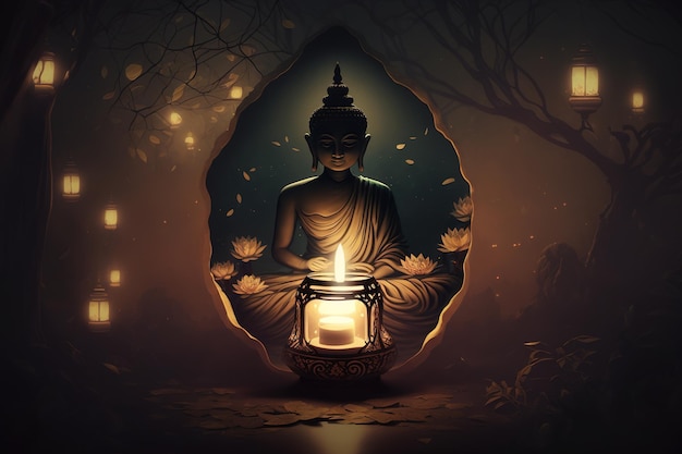 Gautama buddha vesak fondo con vela y lotus ai generativo