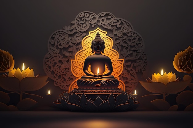 Gautama buddha vesak fondo con vela y lotus ai generativo