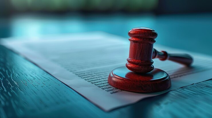 Gavel sobre el documento jurídico que representa las regulaciones financieras y las decisiones jurídicas en el sector económico