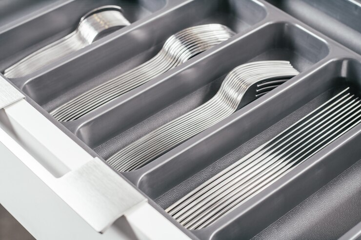 Gaveta aberta do armário de cozinha branco com bandeja organizadora de talheres preta com garfos, colheres e facas de prata. Sistema de organização de armazenamento de cozinha