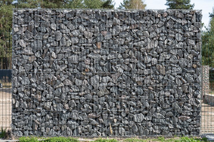 Gavión, canasta de metal llena de piedras gruesas