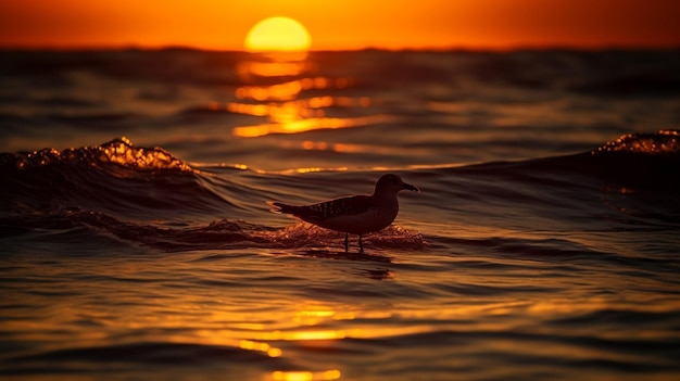 Una gaviota se para en el agua al atardecergenerativo ai