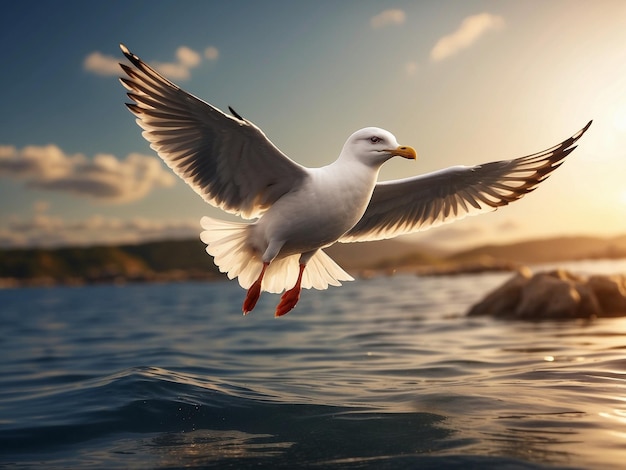 La gaviota de arenque volando sobre la tranquila belleza del paisaje marino