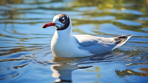 La gaviota de cabeza negra está en el agua en un día soleado