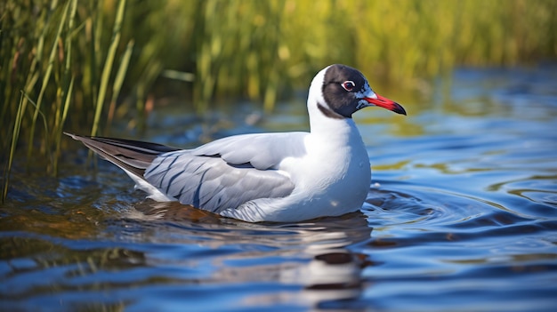 La gaviota de cabeza negra está en el agua en un día soleado