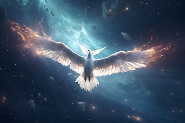 Una gaviota luminosa con alas de polvo de estrellas volando 00314 02