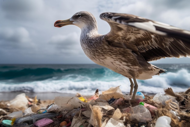 Una gaviota en una playa con una gaviota al fondo