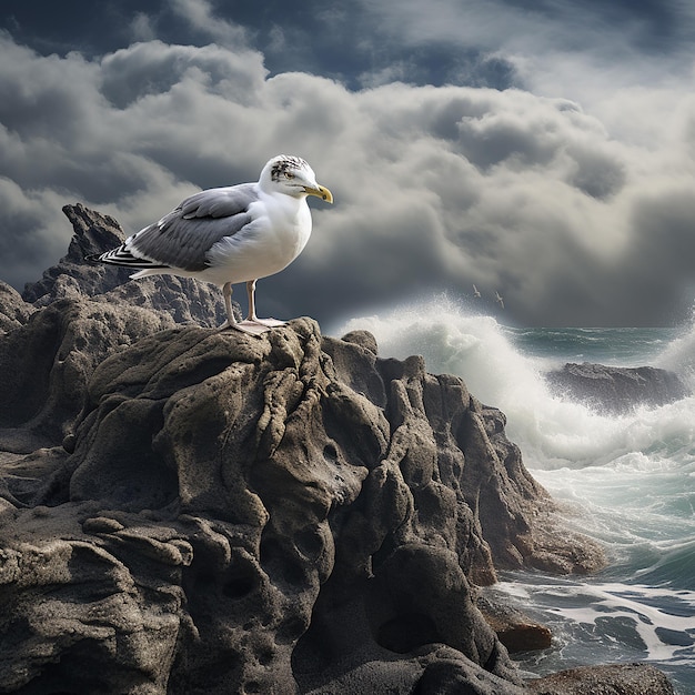 Una gaviota posada en una roca frente a las olas violentas