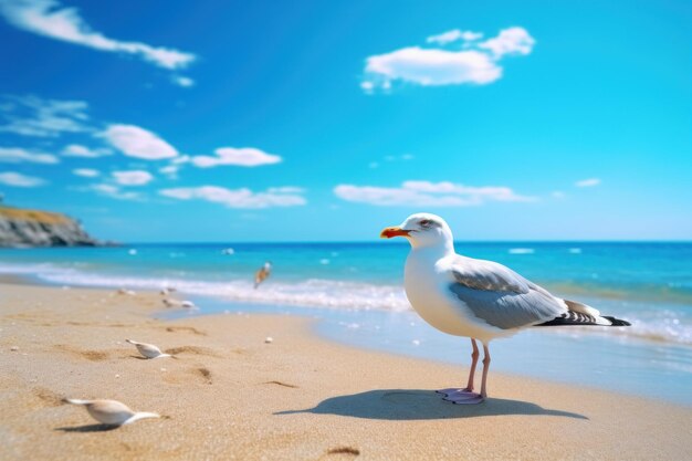 Foto la gaviota serena en la soleada orilla del mar