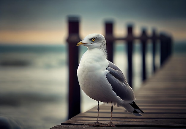 Gaviota se sienta en un muelle junto al mar