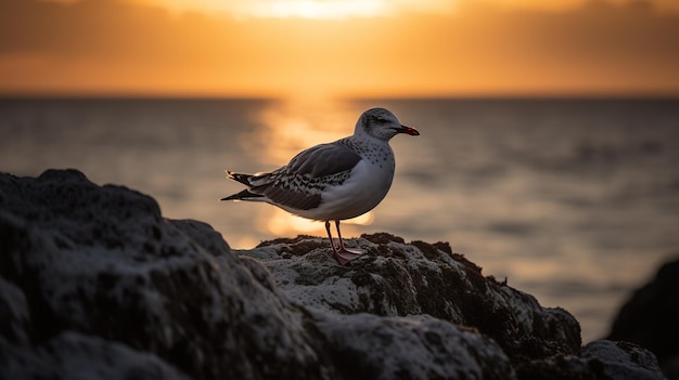 Una gaviota se sienta en una roca frente a una puesta de sol.