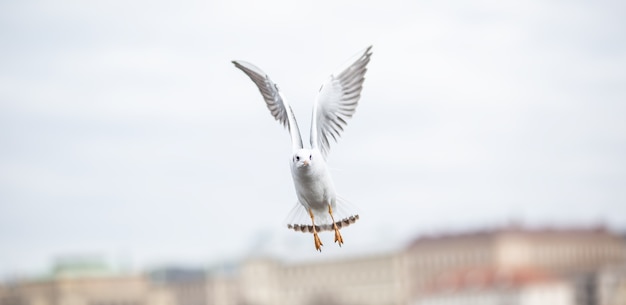 Gaviota volando con alas en entorno urbano.