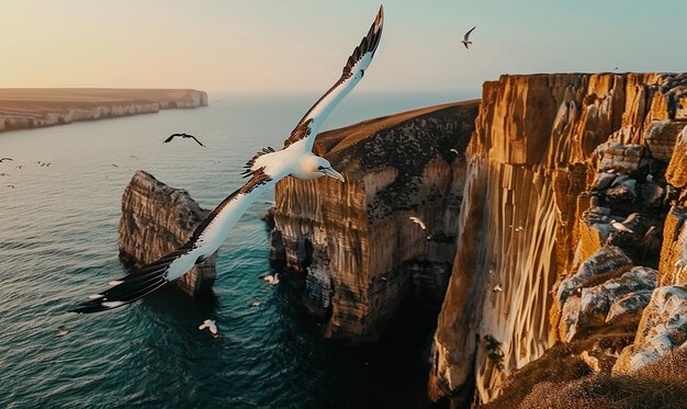 una gaviota volando sobre un acantilado junto al océano