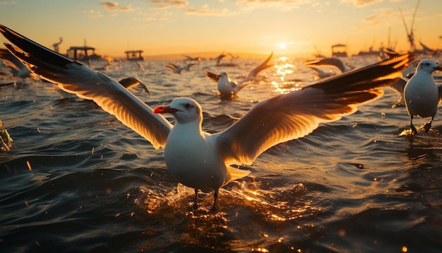 La gaviota volando sobre el agua al atardecer refleja la belleza de la naturaleza generada por la inteligencia artificial