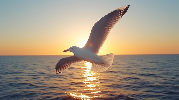 Foto la gaviota volando sobre el mar al atardecer