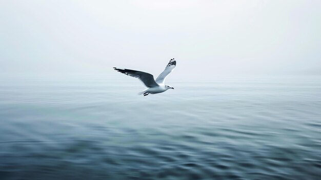 Foto una gaviota está volando sobre el océano el agua está tranquila y el cielo está brumoso la gaviota es blanca con puntas de alas negras