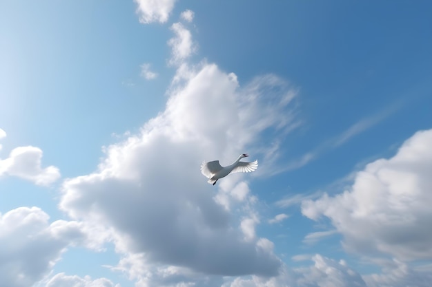 Una gaviota vuela por el cielo con nubes de fondo.