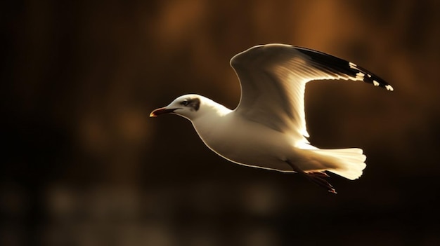 Una gaviota vuela sobre un lago de fondo marrón.