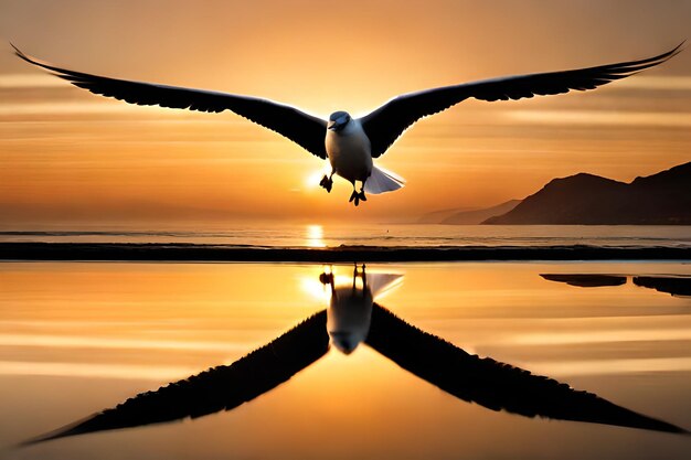 una gaviota vuela sobre un lago con montañas en el fondo.