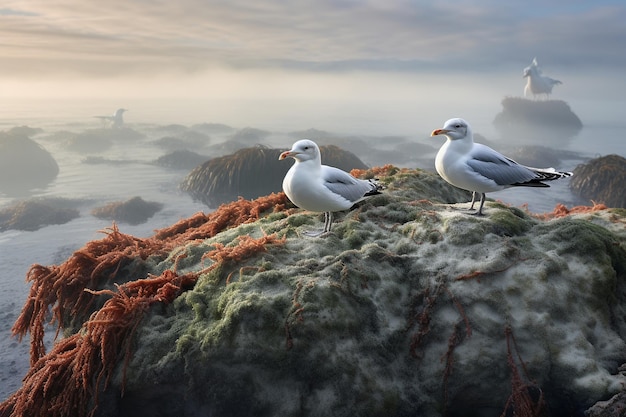 Las gaviotas descansando en un afloramiento rocoso durante la marea baja