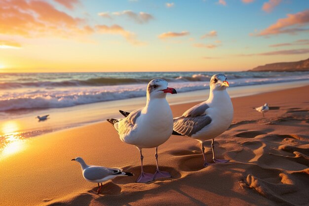 Las gaviotas en una playa arenosa