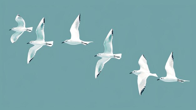 Gaviotas voladoras Un grupo de gaviotas están volando en el cielo Las gaviotas son blancas con puntas de alas negras El cielo es de color azul claro