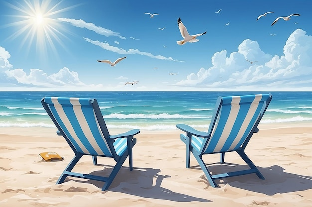 Las gaviotas volando en el cielo azul de verano sobre la silla de playa a rayas ilustración de stock
