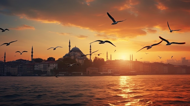 Las gaviotas volando sobre el Bósforo al atardecer en Estambul, Turquía