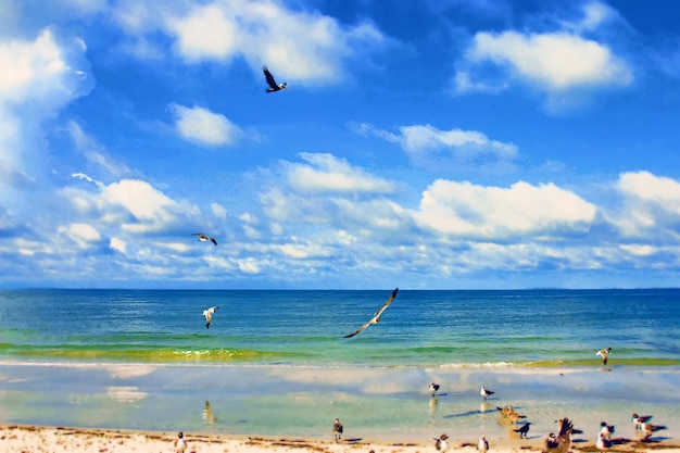 Foto las gaviotas volando sobre la playa contra el cielo azul