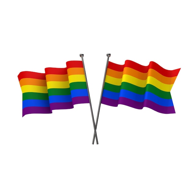 Gay-Pride-Flaggen gekreuzt isoliert auf weißem Hintergrund 3D-Rendering