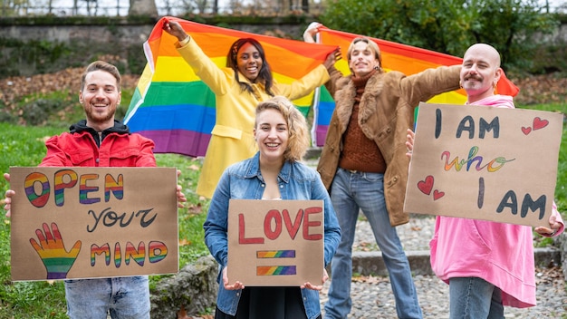 Foto gay pride parade gruppe junger aktivisten für lgbt-rechte mit regenbogenfahne und banner verschiedene menschen der schwulen und lesbischen gemeinschaft