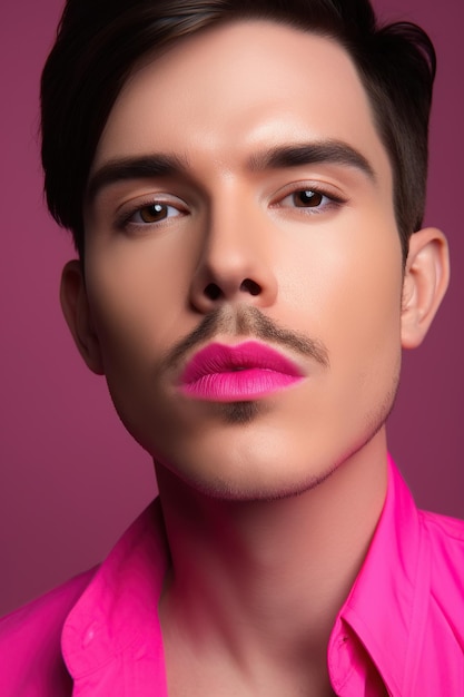 Gay transgênero com lábios de batom rosa Rosto masculino com maquiagem Generative AI