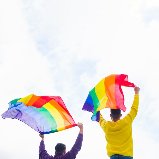 Gays segurando no alto sinalizadores de arco-íris