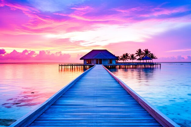 Gazebo de agua al atardecer Muelle al horizonte