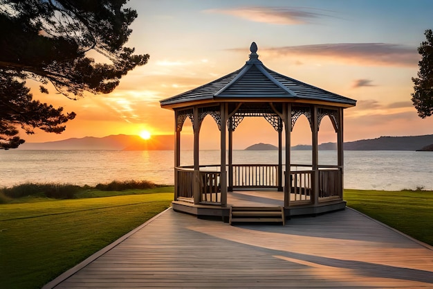 Foto gazebo am see bei sonnenuntergang