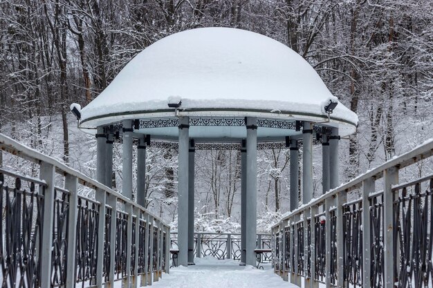 Gazebo coberto de neve com uma ponte de metal no meio de um lago no parque Fundo de inverno