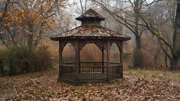 Foto gazebo de madeira no meio de uma floresta com folhas amarelas e castanhas caídas no chão e árvores sem folhas no fundo