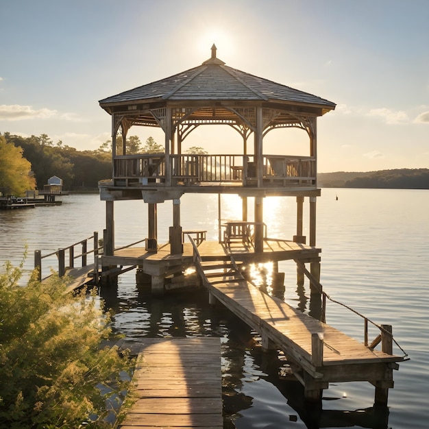 Gazebo erosionado en un muelle bañado por el sol