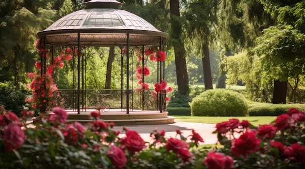 Gazebo con flores en y jardín IA generativa