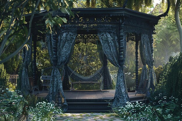 Foto gazebo de jardín de inspiración victoriana con cortinas de encaje